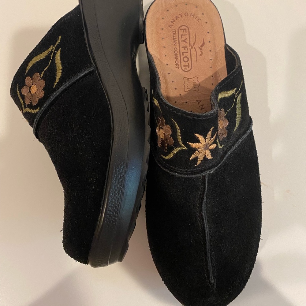 Fly Flot | Black Suede Embroidered Slip On Clog Black Suede Italian Size 8.5